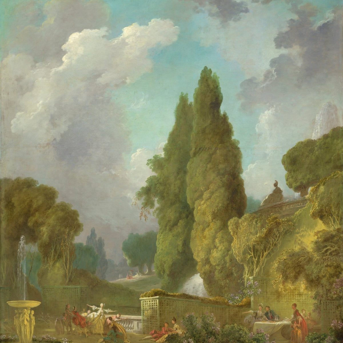 Landscape oil painting of an elegant garden fountain with classical figures, tall trees, and textured brushwork oil on. - Add Frame, Canvas, Figure, Forest, Garden, Hand Painted, Landscape, Made To Order, Oil Painting