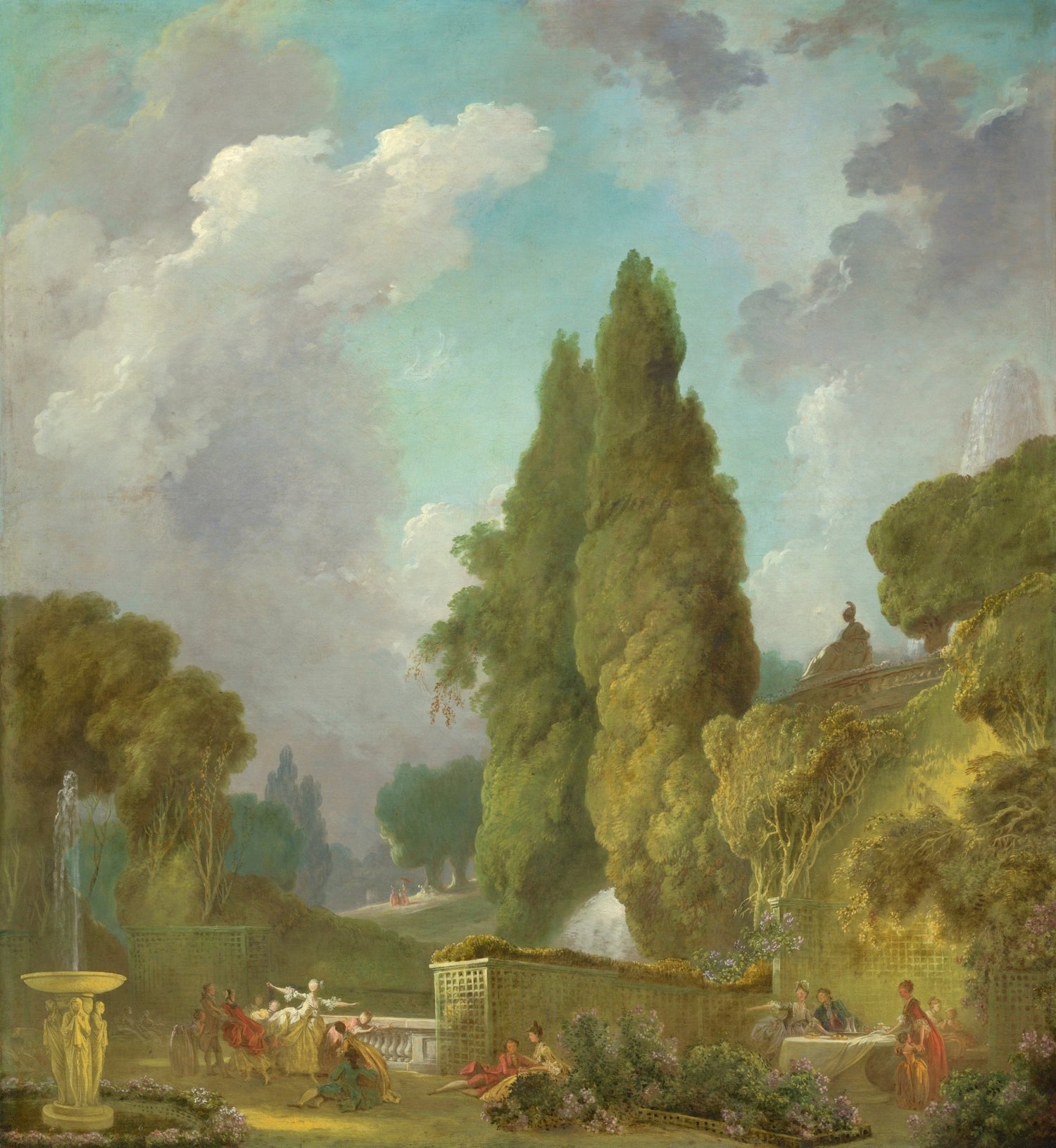 Landscape oil painting of an elegant garden fountain with classical figures, tall trees, and textured brushwork oil on. - Add Frame, Canvas, Figure, Forest, Garden, Hand Painted, Landscape, Made To Order, Oil Painting