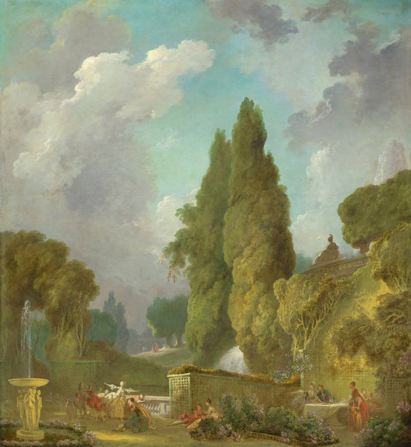 Landscape oil painting of an elegant garden fountain with classical figures, tall trees, and textured brushwork oil on. - Add Frame, Canvas, Figure, Forest, Garden, Hand Painted, Landscape, Made To Order, Oil Painting