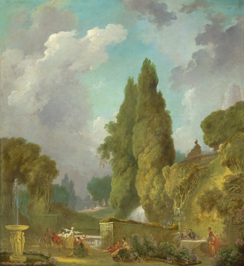 Landscape oil painting of an elegant garden fountain with classical figures, tall trees, and textured brushwork oil on. - Add Frame, Canvas, Figure, Forest, Garden, Hand Painted, Landscape, Made To Order, Oil Painting