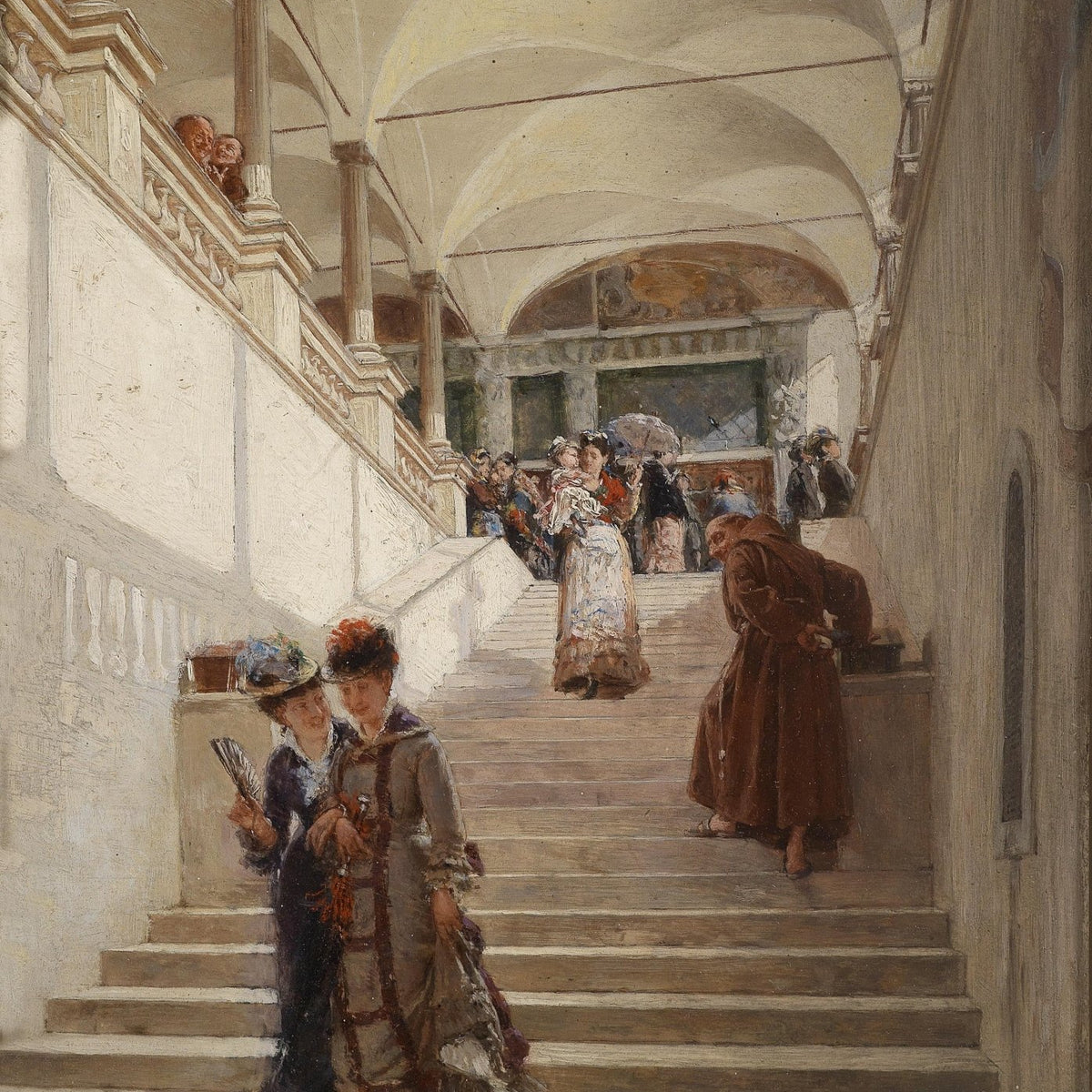 Elegant Ladies Descending Grand Palace Stairs - People Oil Painting - Oil Painting Haven