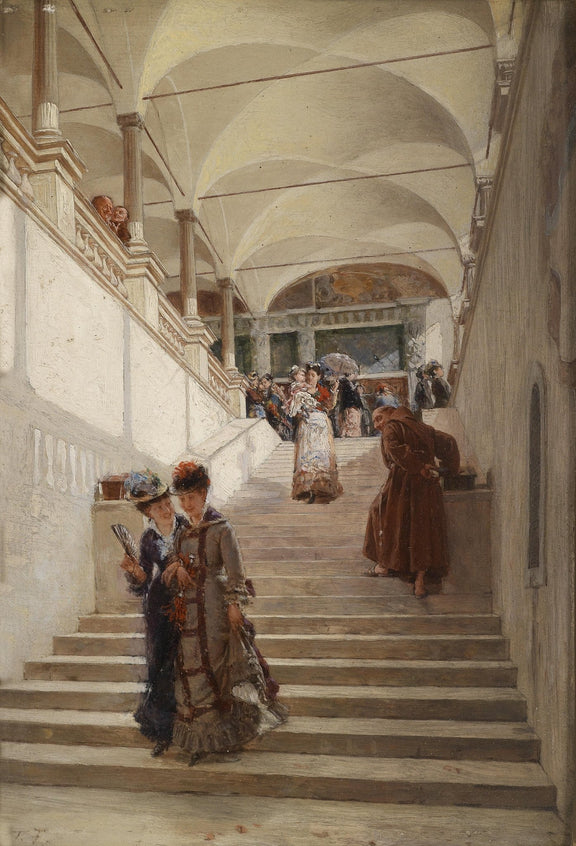 Elegant Ladies Descending Grand Palace Stairs - People Oil Painting - Oil Painting Haven