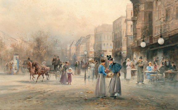 Elegant Ladies on Paris Street with Carriage - People Oil Painting - Oil Painting Haven