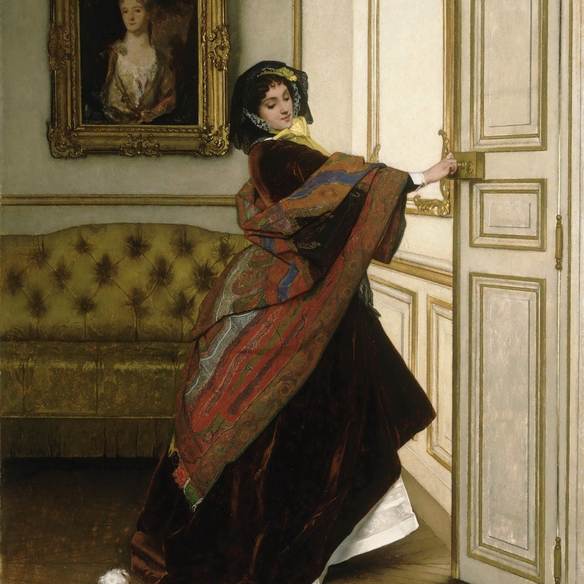 Elegant Lady Opening the Door in Classic Interior - People Oil Painting - Oil Painting Haven