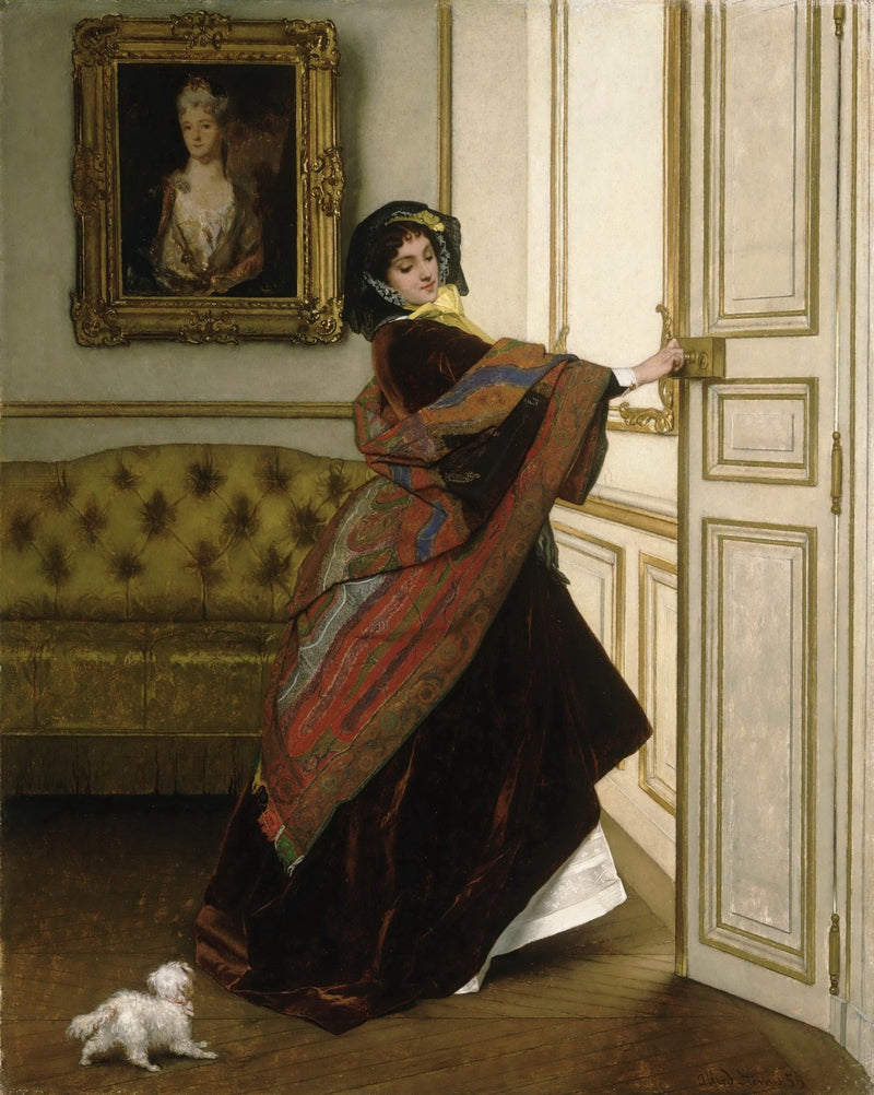 Elegant Lady Opening the Door in Classic Interior - People Oil Painting - Oil Painting Haven