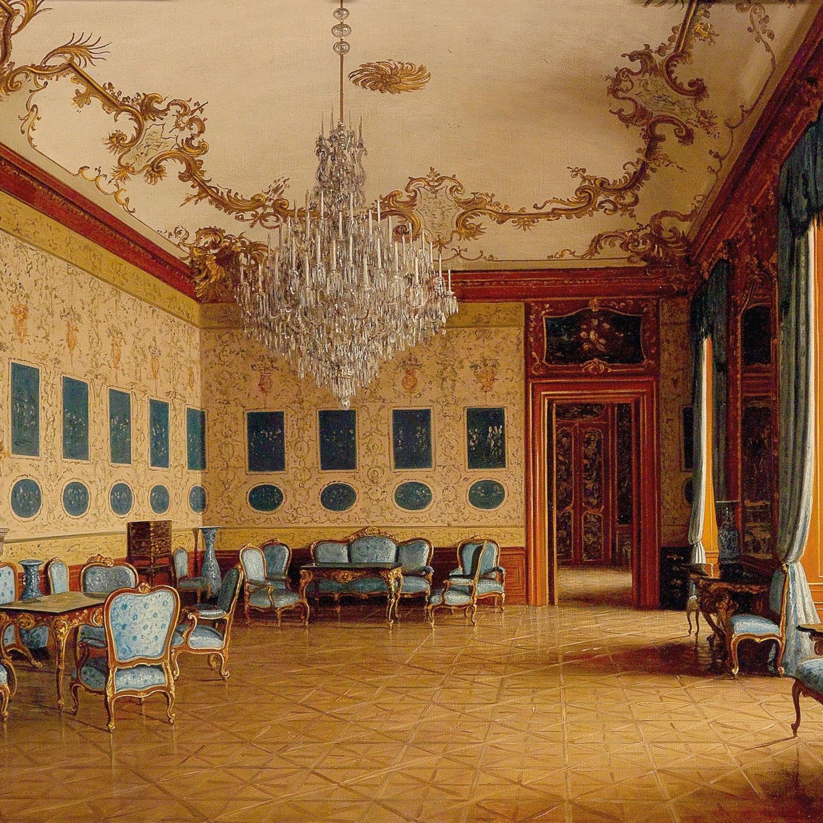 Elegant Palace Interio, Chandelier – Hand - Painted Landscape Oil Painting - Oil Painting Haven