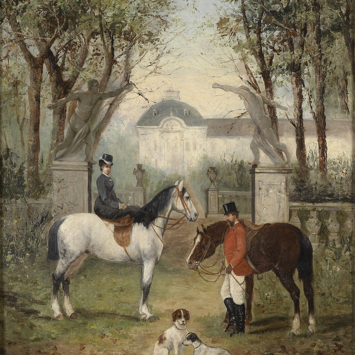 Elegant Riders with Horses in Garden Estate - People Oil Painting - Oil Painting Haven