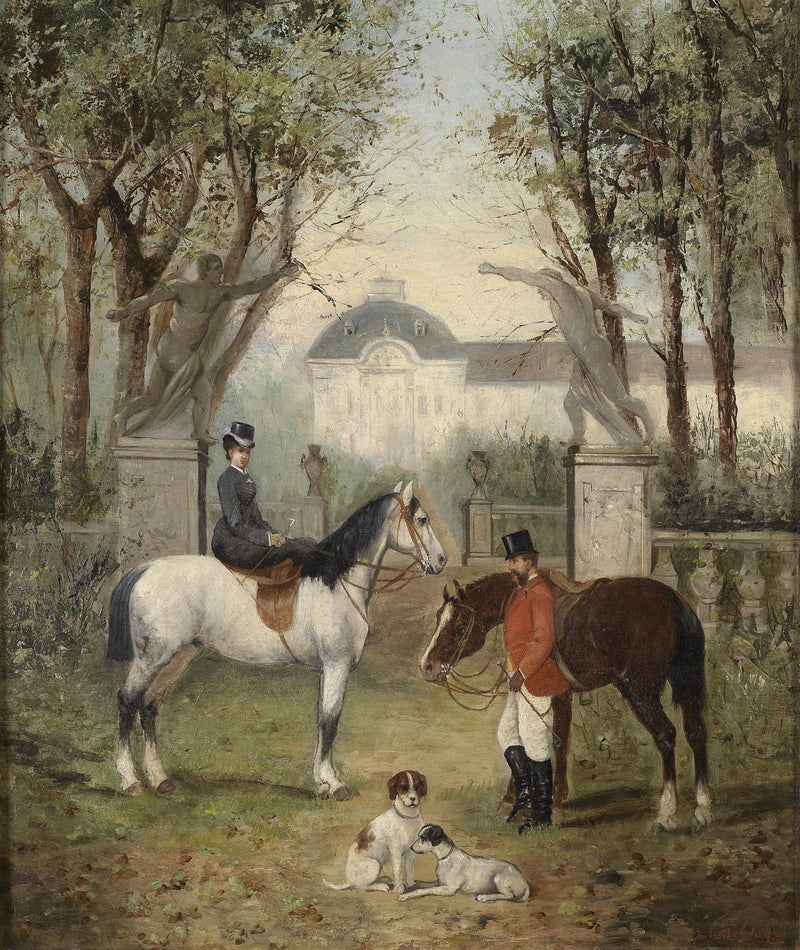 Elegant Riders with Horses in Garden Estate - People Oil Painting - Oil Painting Haven
