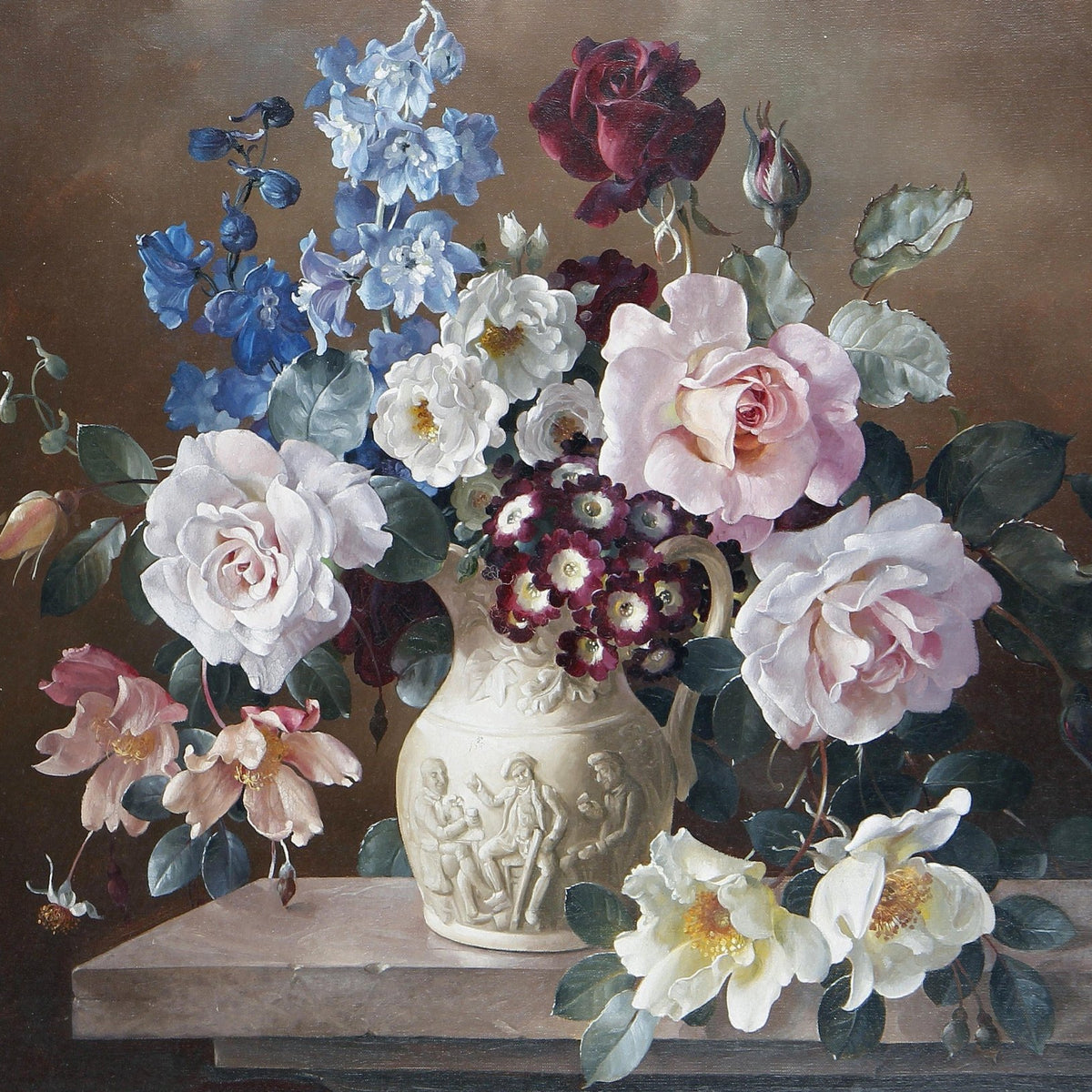 Elegant Rose and Delphinium Vase Still Life – Floral Oil Painting - Oil Painting Haven