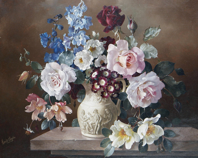Elegant Rose and Delphinium Vase Still Life – Floral Oil Painting - Oil Painting Haven