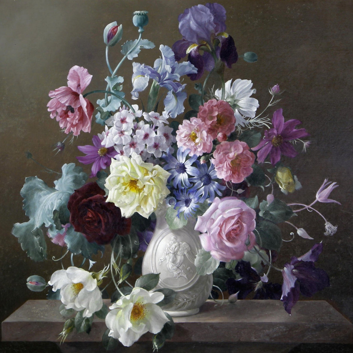 Elegant Roses and Iris Still Life in Vase – Floral Oil Painting - Oil Painting Haven