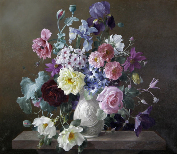 Elegant Roses and Iris Still Life in Vase – Floral Oil Painting - Oil Painting Haven