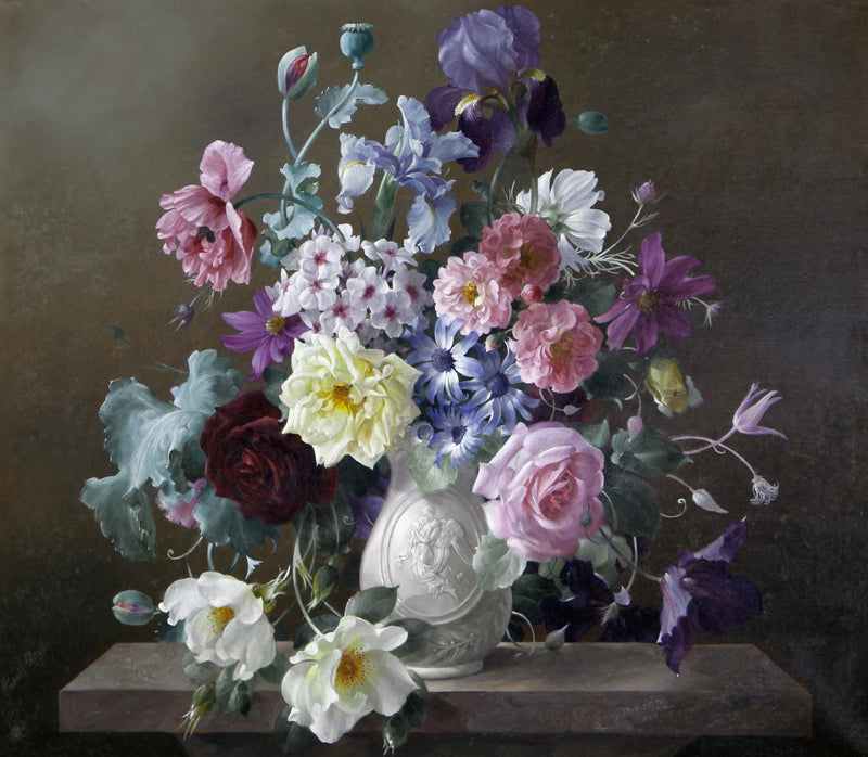 Elegant Roses and Iris Still Life in Vase – Floral Oil Painting - Oil Painting Haven
