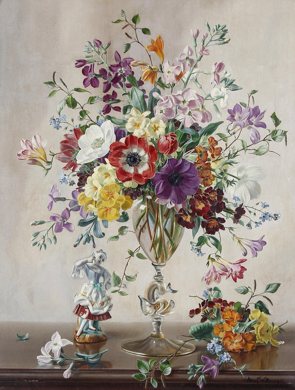 Elegant Spring Flower Arrangement in Glass Vase – Floral Oil Painting - Oil Painting Haven