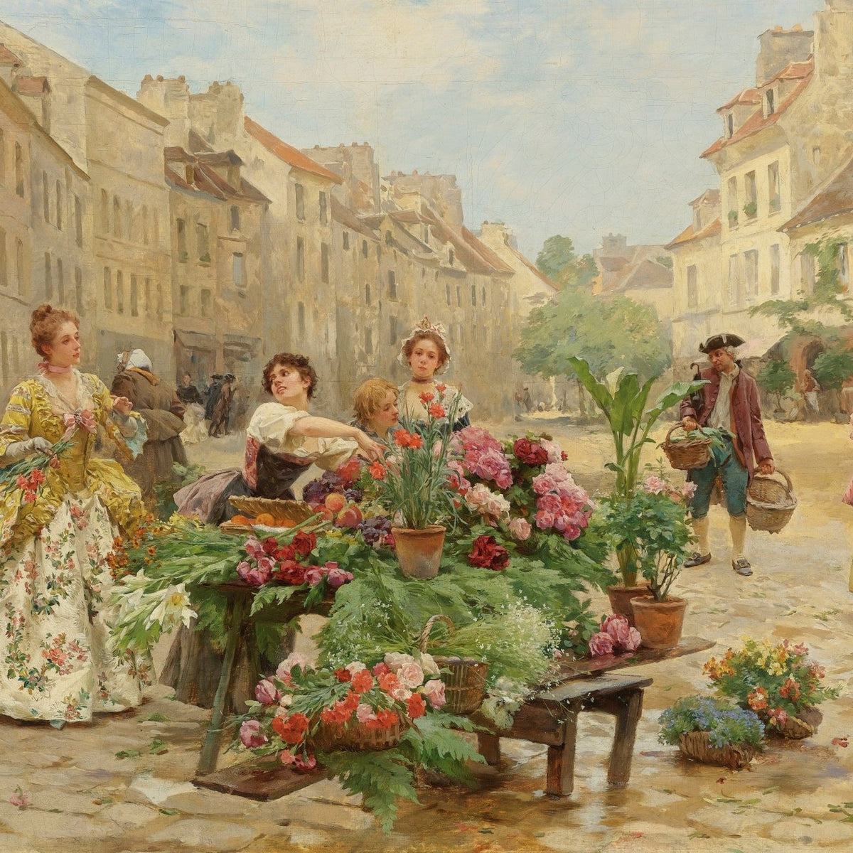 Elegant Street Flower Sellers in Old Town - People Oil Painting - Oil Painting Haven