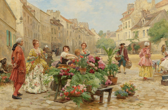 Elegant Street Flower Sellers in Old Town - People Oil Painting - Oil Painting Haven