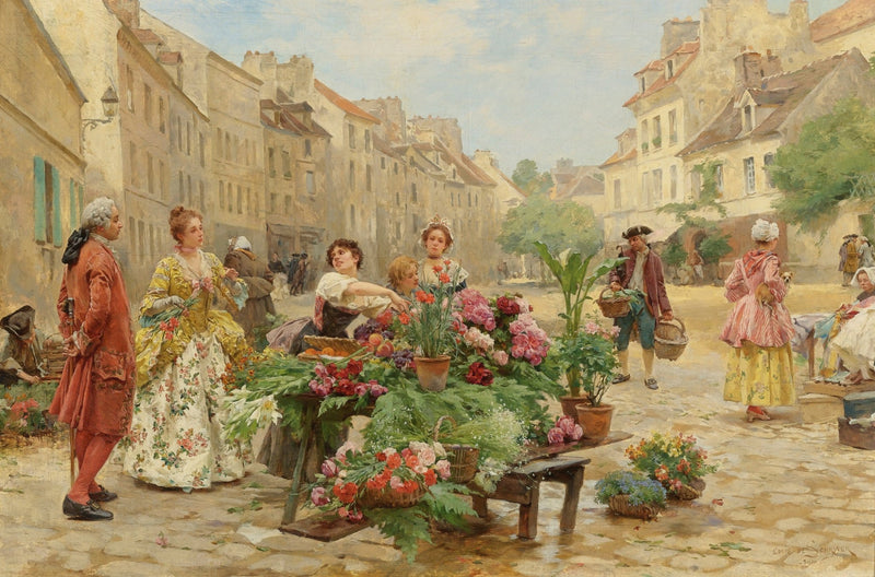 Elegant Street Flower Sellers in Old Town - People Oil Painting - Oil Painting Haven
