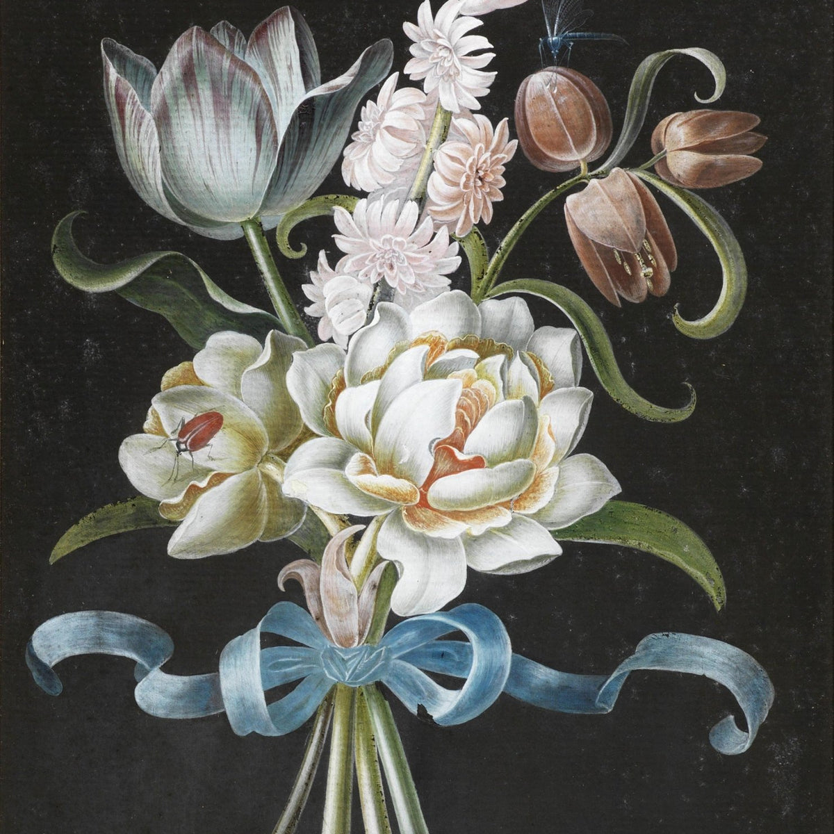 Elegant White Flower Bouquet with Blue Ribbon – Floral Oil Painting - Oil Painting Haven