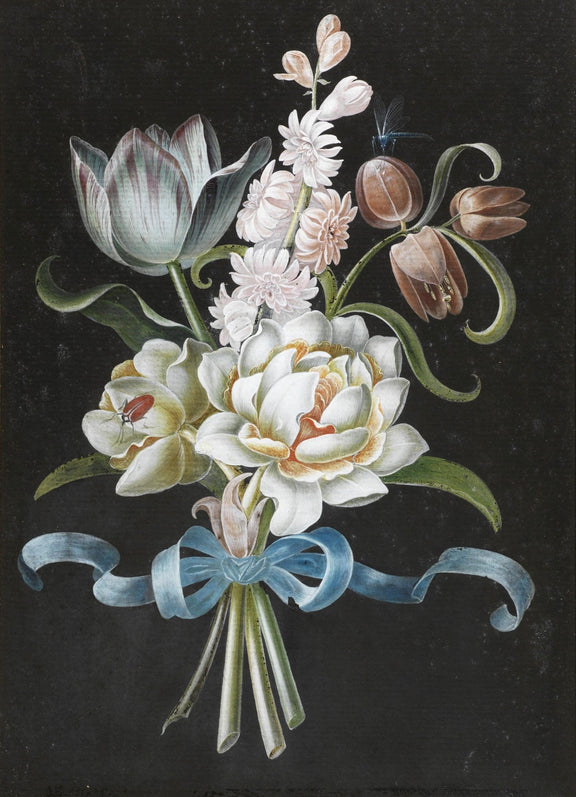 Elegant White Flower Bouquet with Blue Ribbon – Floral Oil Painting - Oil Painting Haven
