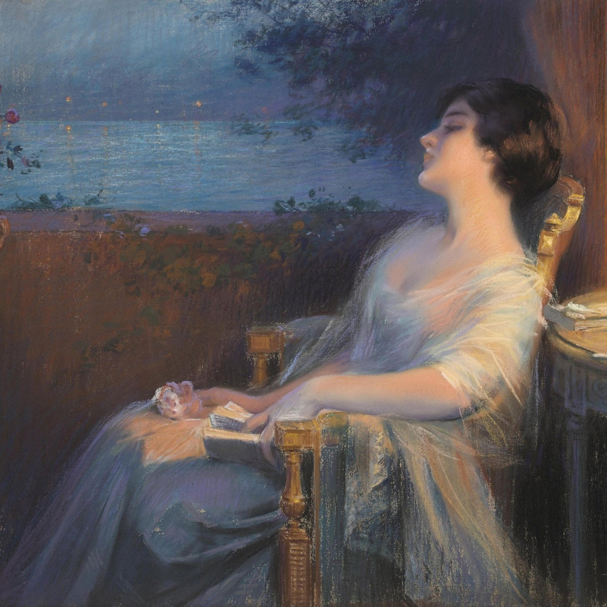 Elegant Woman Resting by Night Window - People Oil Painting - Oil Painting Haven