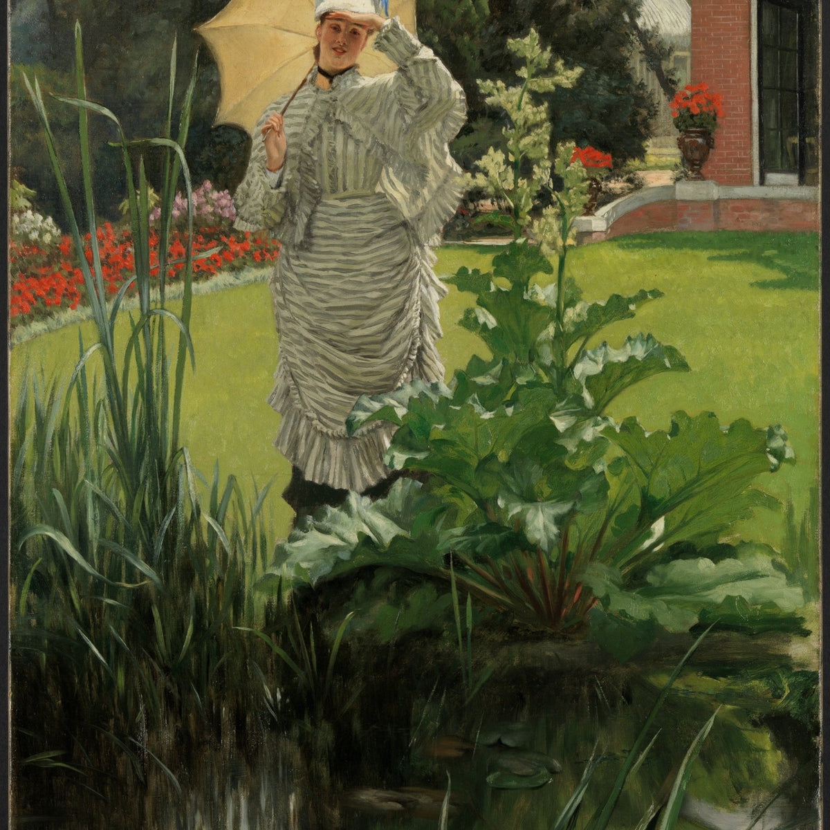 Elegant Woman with Parasol in Garden Pond - People Oil Painting - Oil Painting Haven