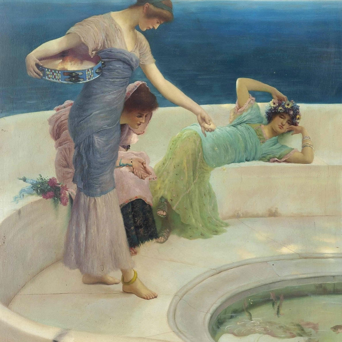 Elegant Women by Seaside Fountain Terrace - People Oil Painting - Oil Painting Haven