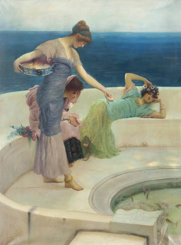 Elegant Women by Seaside Fountain Terrace - People Oil Painting - Oil Painting Haven