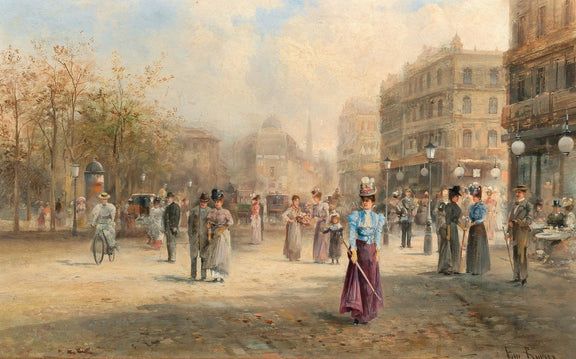 Elegant Women Walking on Paris Boulevard - People Oil Painting - Oil Painting Haven