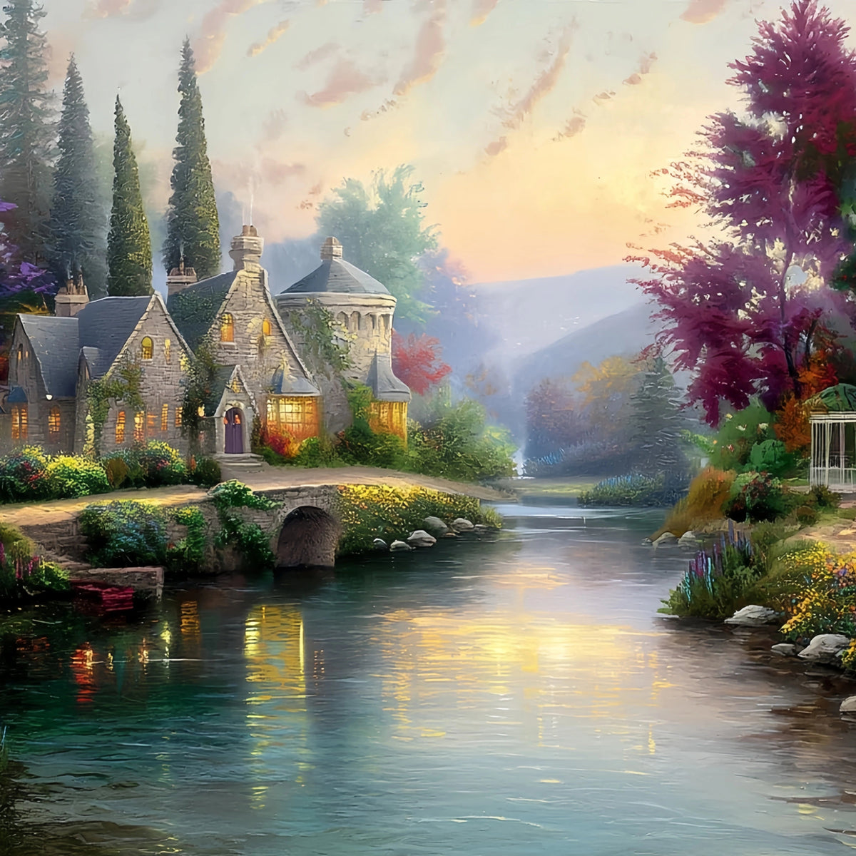 Enchanted Riverside Manor Original Oil Painting For Sale - Oil Painting Haven