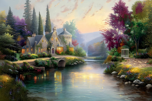 Enchanted Riverside Manor Original Oil Painting For Sale - Oil Painting Haven