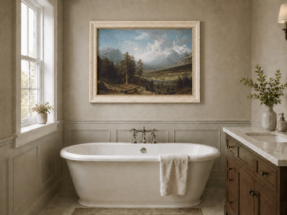Framed hand-painted Estes Park oil painting with Longs Peak rising above the valley displayed above a freestanding bathtub.