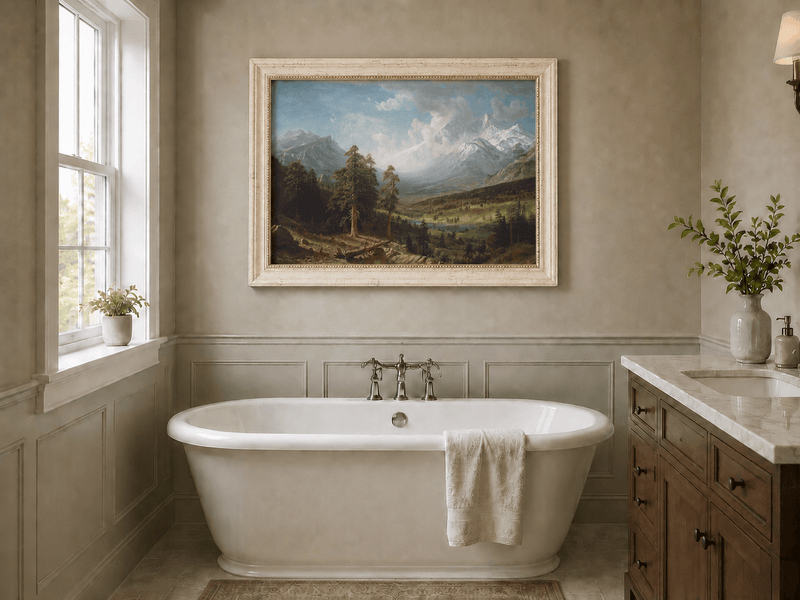 Framed hand-painted Estes Park oil painting with Longs Peak rising above the valley displayed above a freestanding bathtub.