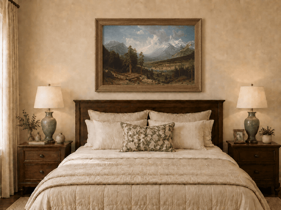 Framed hand-painted Estes Park oil painting with Longs Peak rising above the valley displayed above a wooden bed in a neutral bedroom.