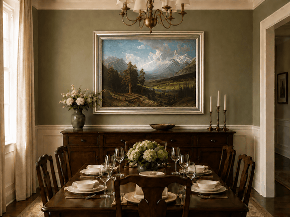 Framed hand-painted Estes Park oil painting with Longs Peak rising above the valley displayed above a formal dining table.