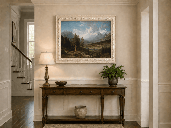 Framed hand-painted Estes Park oil painting with Longs Peak rising above the valley displayed above an entryway console table.