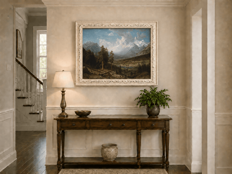 Framed hand-painted Estes Park oil painting with Longs Peak rising above the valley displayed above an entryway console table.