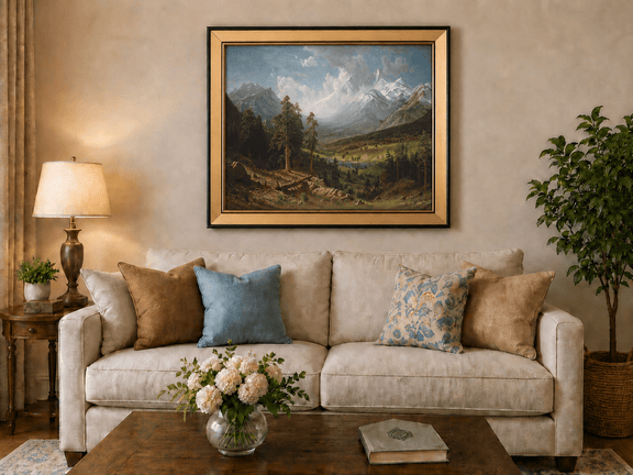 Framed hand-painted Estes Park oil painting with Longs Peak rising above the valley displayed above a neutral living room sofa.