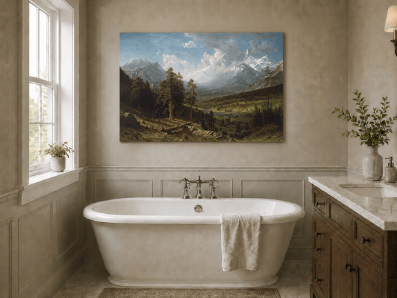 Unframed hand-painted Estes Park oil painting with Longs Peak rising above the valley displayed above a freestanding bathtub.