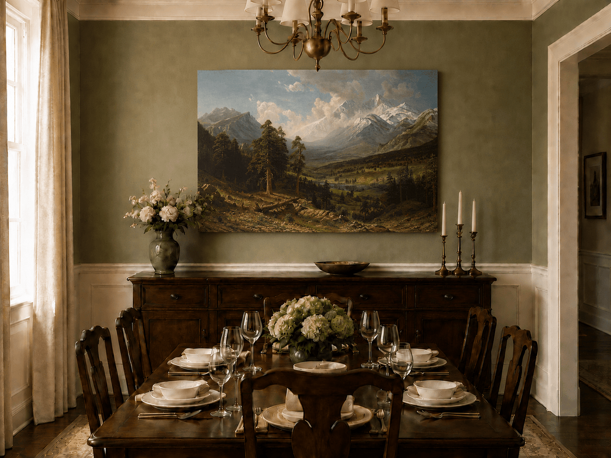 Unframed hand-painted Estes Park oil painting with Longs Peak rising above the valley displayed above a formal dining table.