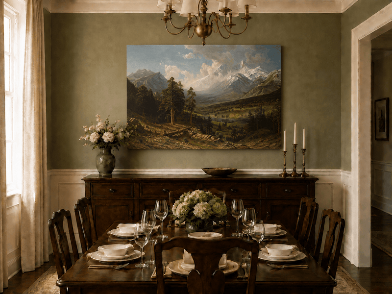 Unframed hand-painted Estes Park oil painting with Longs Peak rising above the valley displayed above a formal dining table.