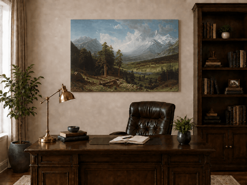 Unframed hand-painted Estes Park oil painting with Longs Peak rising above the valley displayed above a traditional home office desk.