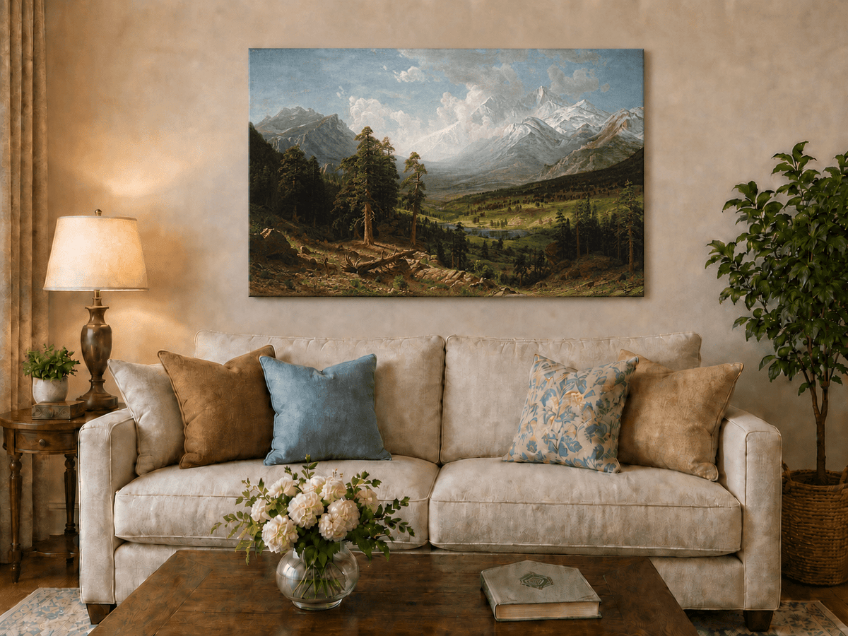 Unframed hand-painted Estes Park oil painting with Longs Peak rising above the valley displayed above a neutral living room sofa.
