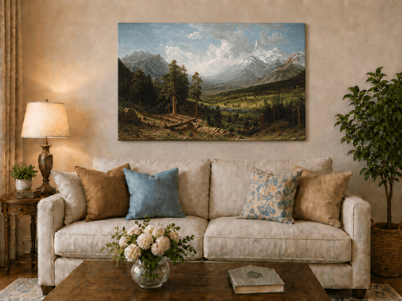 Unframed hand-painted Estes Park oil painting with Longs Peak rising above the valley displayed above a neutral living room sofa.
