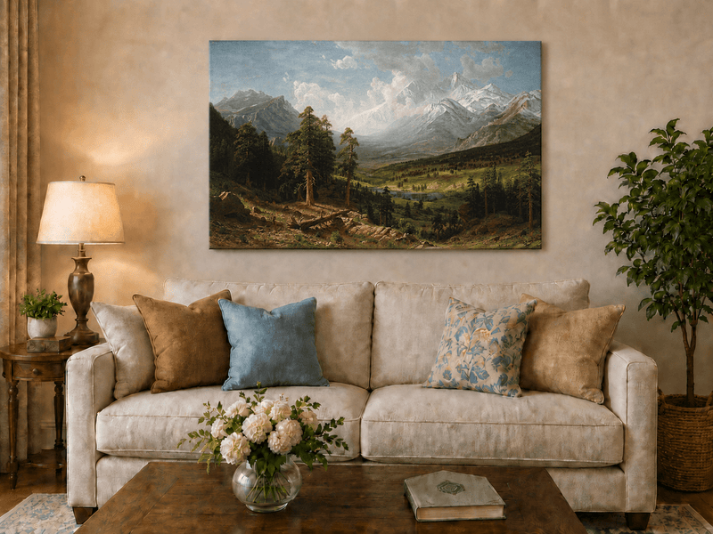 Unframed hand-painted Estes Park oil painting with Longs Peak rising above the valley displayed above a neutral living room sofa.