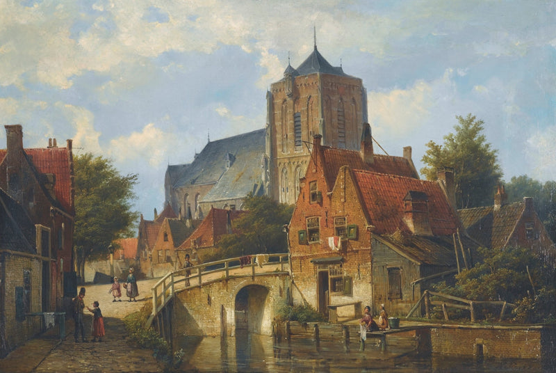European Canal Town with Church | Hand - Painted Oil Painting - Oil Painting Haven