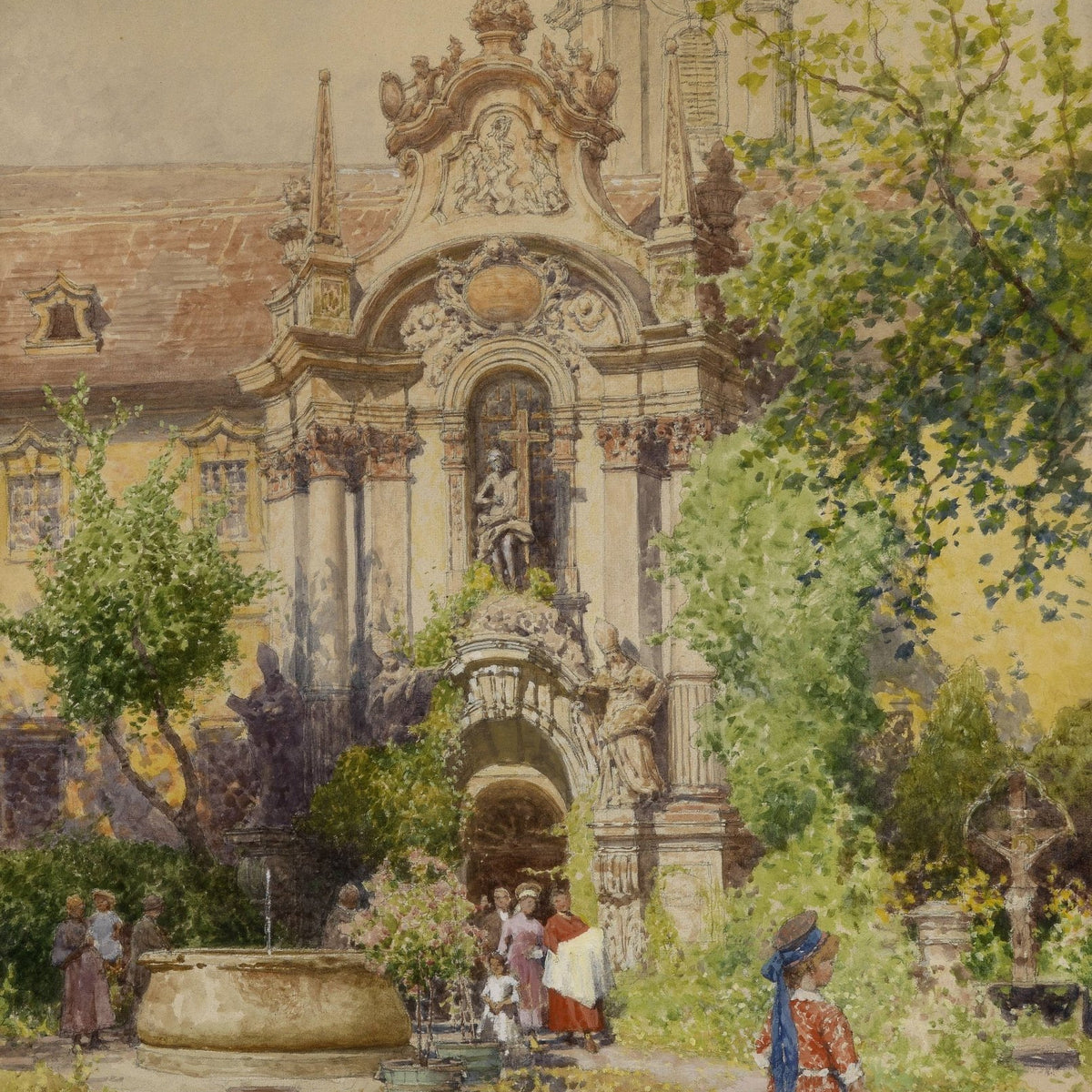 European Church Courtyard | Hand - Painted Architectural Oil Painting - Oil Painting Haven