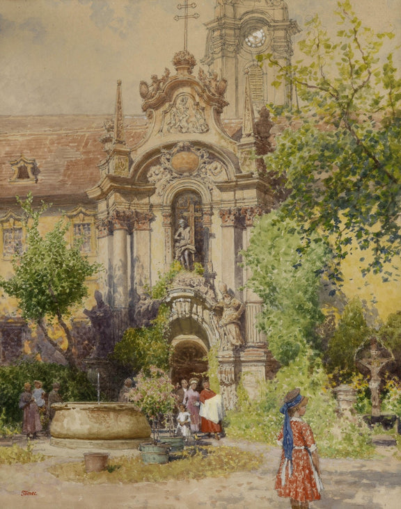 European Church Courtyard | Hand - Painted Architectural Oil Painting - Oil Painting Haven