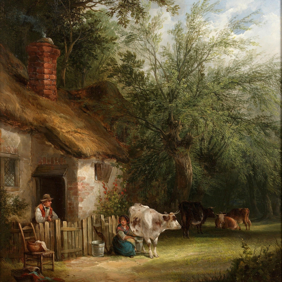 European Cottage with Cows and Country Life – Landscape Oil Painting - Oil Painting Haven