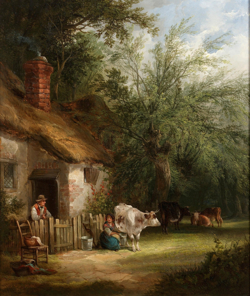 European Cottage with Cows and Country Life – Landscape Oil Painting - Oil Painting Haven