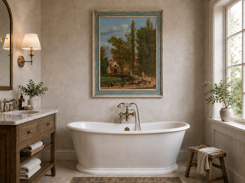 Hand-painted European country estate scene landscape oil painting displayed in a bathroom interior above a bathtub.